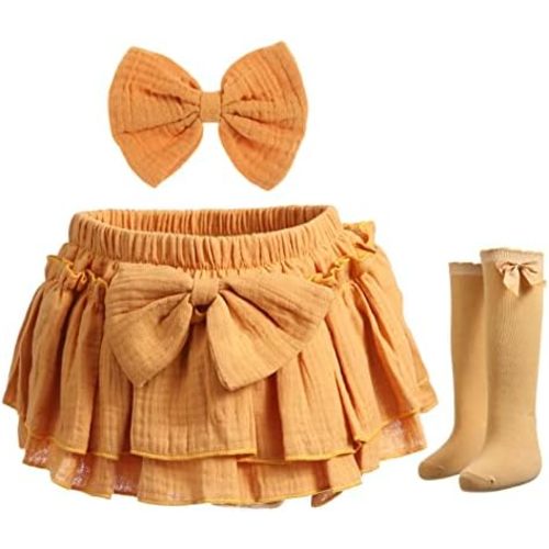 Newborn Baby Girl Cotton Skirts with Built-in Shorts Toddlers Ruffle Diaper Covers Infant Skorts with Bows Headband