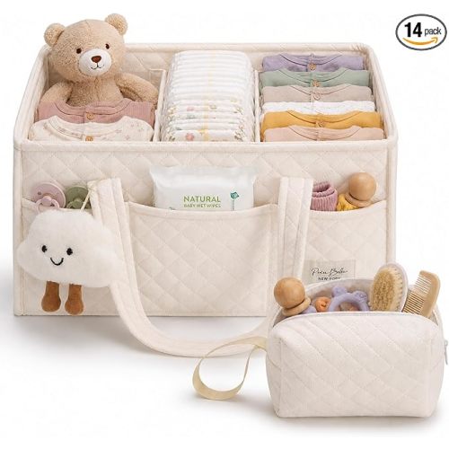 Baby Diaper Caddy Organizer, Baby Basket Shower Gift, Portable Changing Table Basket, Postpartum Caddy & Tote Bag Pouch, Newborn Boy & Girl Nursery Essentials Registry, Car Diaper Organizer