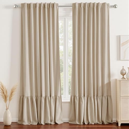 Ruffle 100% Blackout Curtains,Double Layer,2 Panels,Linen,52x84