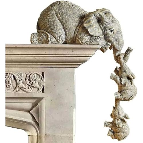 3 Set Elephant Shelf Sitter, Mother Elephant Hanging 2 Baby Elephants on The Edge, Hand-Painted Resin Collectable Figurines for Home Decor Gift
