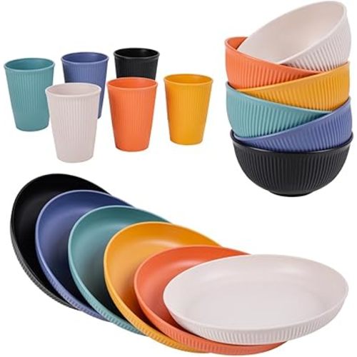 18pcs Wheat Straw Dinnerware Sets, HXYPN Kitchen Dinnerware Set Unbreakable Plates and Bowls Sets Reusable Plate Set Dishes Dishwasher and Microwave Safe