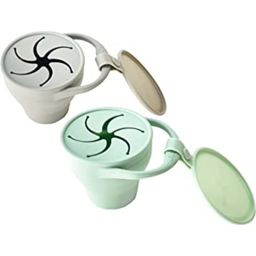 otterlove Collapsable Silicone Snack Container with Attachable Lid | 100% Pure LFGB Platinum Silicone with No Fillers | Snack Cup (2 Pack - Sage & Sand))