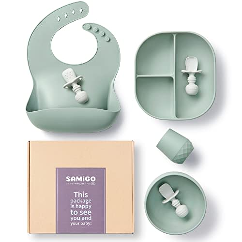 SAMiGO Silicone Baby Feeding Set, Baby Led Weaning Supplies, Suction Plate, Bowl, Spoons, Food Bib, Cup, First Stage Self Eating Utensils, 6+ Months