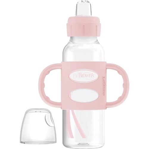 Dr. Brown's Milestones Narrow Sippy Spout Bottle with 100% Silicone Handles, Easy-Grip Handles with Soft Sippy Spout, 8oz/250mL, Light-Pink, 1-Pack, 6m+