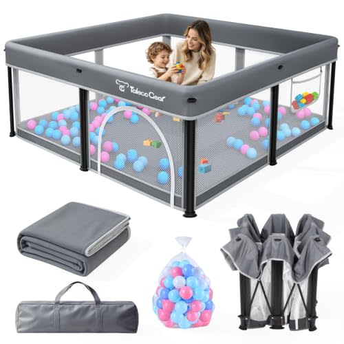 TOREVSIOR Foldable Baby Playpen with Mat, 50"×50" Collapsible Play Pen for Babies and Toddlers, Indoor & Outdoor Kids Safety Play Pen, Portable Play Yard, Foldable Baby Playpen with 50 Ocean Balls