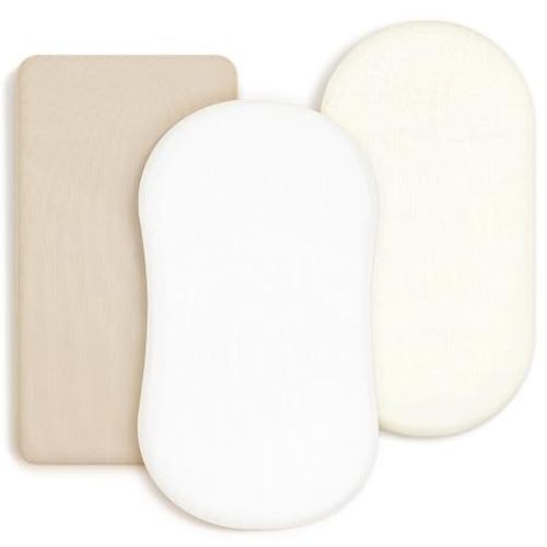 Stretchy Ultra Soft Fitted Bassinet Sheet 3 Pack, Universal Fit for Bassinets Baby Cradle Moses Basket Oval Rectangle Mattress Safe and Snug, Jersey Bassinet Sheets for Girls, Cream/Beige