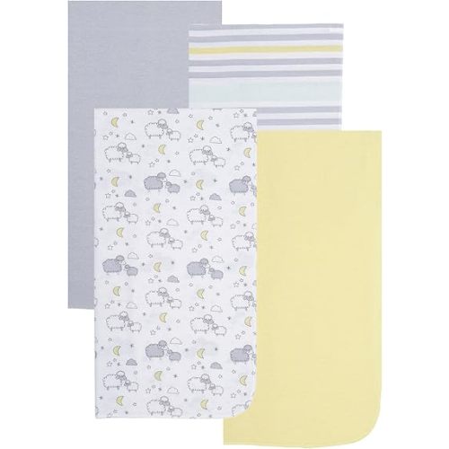 EVERYDAY KIDS 4 Pack of Soft Flannel Receiving Baby Blanket Set; Yellow/Gray Baby Swaddle Blankets for Newborn Baby Boy or Girl Nursery with Mommy/Baby Sheep, Moon, Striped Pattern, Solids