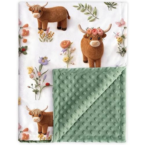 HOMRITAR 3D HighlandCow Baby Blanket for Unisex Boys Girls Soft Lightweight Minky with Double Layer Dotted Backing Farm Flower Design for Infant Toddler Crib Nursery 30 x 40 Inch