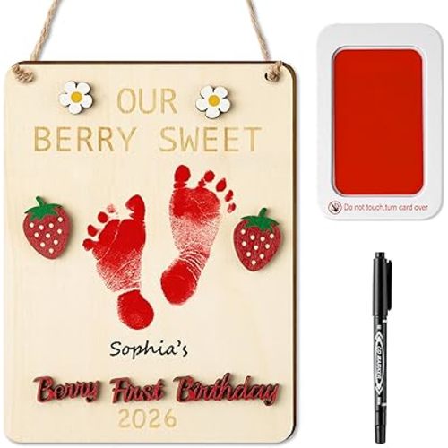 R HORSE Baby's 3D Berry First Birthday DIY Footprint or Handprint Hanging Sign, Strawberry Wooden Footprint Art Sign Craft Newborn Keepsake Gifts for Unisex Baby 1st Birthday Photo Props Nursery Decor