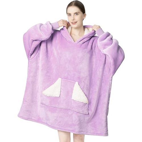 Touchat Wearable Blanket Hoodie, Oversized Sherpa Blanket Sweatshirt with Hood Pocket and Sleeves, Super Soft Warm Plush Hooded Blanket for Adult Women Men (Purple)