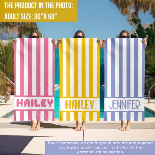 Striped Personalized Beach Towel, Kids Custom Name Pool Towels, Bridesmaid Towel, Birthday Vacation Gift, Stripe Print Retro Bath Towel,
