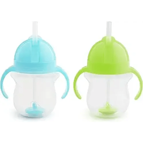Munchkin Any Angle Sippy Cups for Toddlers, Spill Proof Weighted Straw Cup with Transition Handles for Babies 6 Months and Up, 2 Pack, Blue/Green