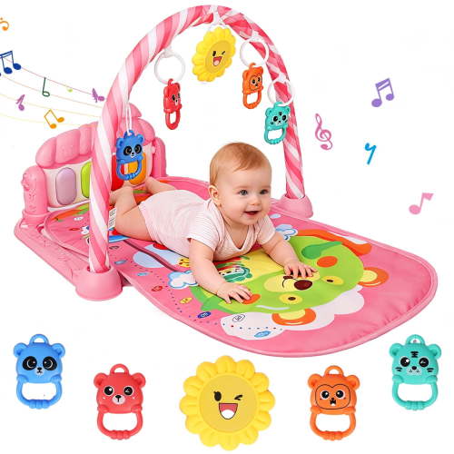 Caveen Baby Play Mat, Activity Gym with Piano, Rattles Toys for Sensory and Cognitive Development, Tummy Time, Pink