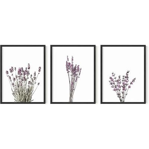 HAUS AND HUES Purple Floral Wall Art Set of 3 - Lavender Flower Picture for Bedroom, 3 Botanical Prints, Floral Art Prints, Plant Posters for Room Aesthetic (12x16, UNFRAMED)