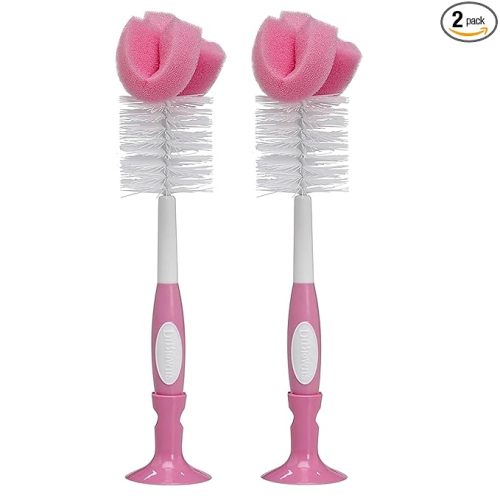 Dr. Brown's Reusable Sponge Baby Bottle Cleaning Brush with Suction Cup Stand, Scrubber and Nipple Cleaner, BPA-Free, Pink, 2-Pack