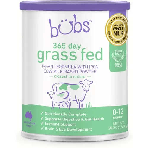 Bubs 365 Day Grass Fed Infant Formula with Iron, Cow Milk-Based Powder for Infants 0-12 Months, Made with Non-GMO Milk, 20 oz