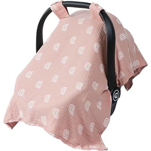 Meracorallo Muslin Baby Car Seat Cover, 100% Cotton Infant Carrier Cover, Lightweight Breathable Soft Carseat Canopy for Baby Boys and Girls (Rainbow)