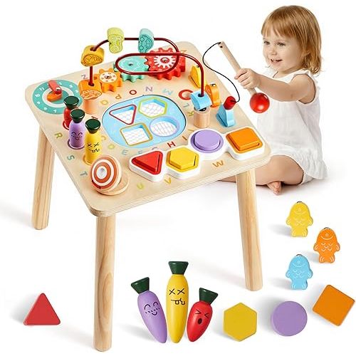 VEVOR Montessori Activity Table for Toddler 1-3 Years Old, 8 in 1 Wooden Learn Activity Desk, Baby Play Table for Boys & Girls Aged 6+ Months, Great Birthday, Christmas, Children's Day Present