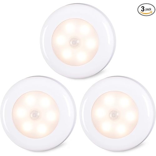 STAR-SPANGLED 3 Pack 2.8” Motion Sensor Lights Indoor AAA Battery Operated, Stick on LED Puck Light for Stairs, Under Cabinet, Closet, Warm White - 2.8 inch, AAA Battery Operated