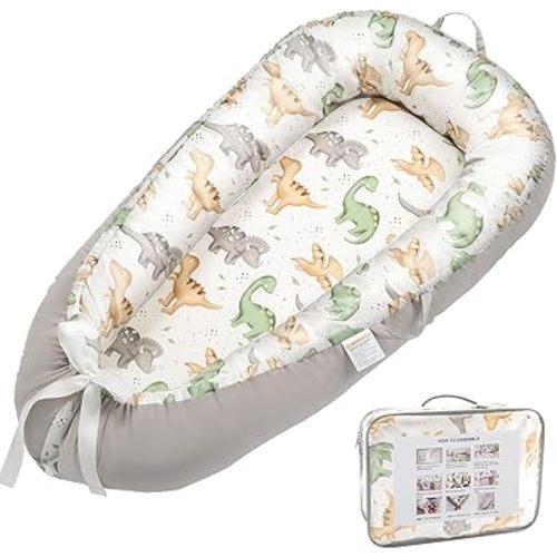Alened Baby Lounger for Newborn 0-24 Months, Organic Cotton Infant Lounger on Floor for Supervised Tummy Time, Adjustable Portable Support Pad for New Born Awake Use Only - Dinosaur