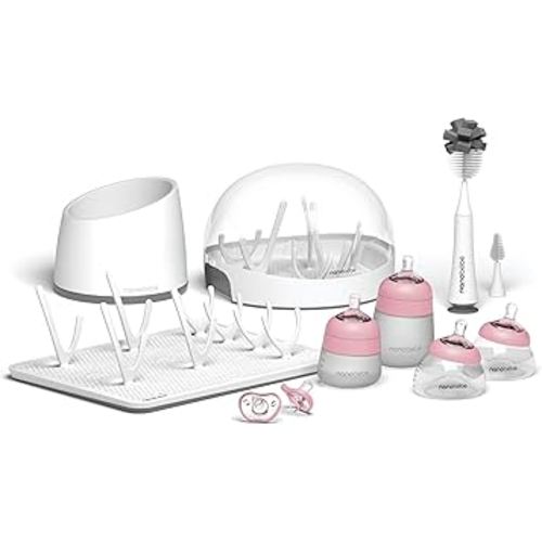 Nanobebe Breastmilk and Silicone Baby Bottle Ultimate Set Gen 2, 5oz and 9oz - with Sterilizer, Drying Rack, Anti-Colic Nipples, Pacifiers, and Warmer - Pink/Grey
