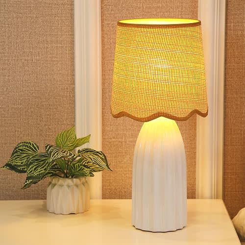 Small White Ceramic Table Lamp for Bedroom, Modern Bedside Lamps with Wicker Shade, Boho Side Table Lamp for Nightstand Living Room Office, E26 Socket, H 15" x W 7"