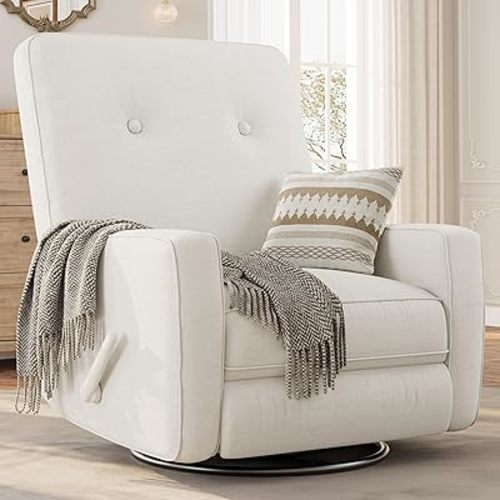 Garvee Nursery Recliner Chair, 360° Swivel Rocking Glider Chair for Adults with Adjustable Backrest & Footrest, Cozy Linen Upholstered Armchair for Living Rooms, Bedrooms, Apartments, Beige