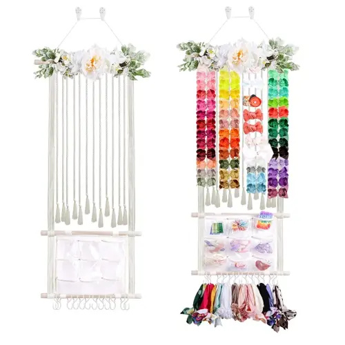 cherrboll Hair Bows Holder Headband Organizer for Girls, Hair Clips Hanger Storage with Hooks, Wall Hanging Decor for Nursery Room