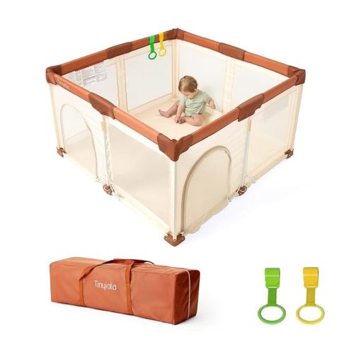 Tinyiota Foldable Baby Playpen, 50x50 Inch Portable Play Yard for Babies and Toddlers with Soft Breathable Mesh, Storage Bag & 2 Pull-Toy Handles for Indoor & Outdoor (Brown)