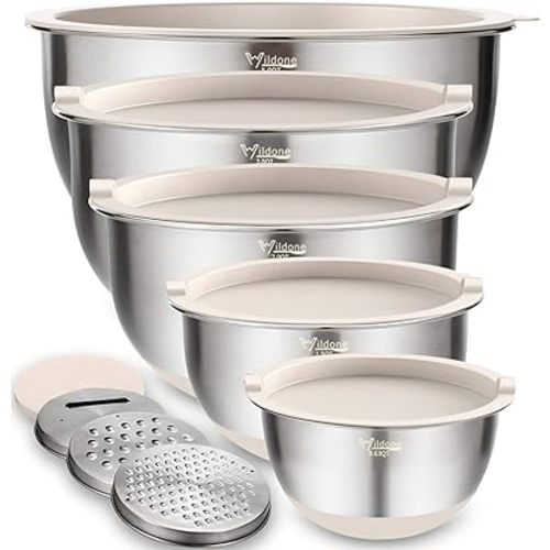 Wildone Mixing Bowls with Airtight Lids Set, 5PCS Stainless Steel Khaki Nesting Bowls for Kitchen, with Grater Attachments & Non-Slip Bottoms, Size 5, 3, 2, 1.5, 0.63 QT, Great for Mixing & Serving