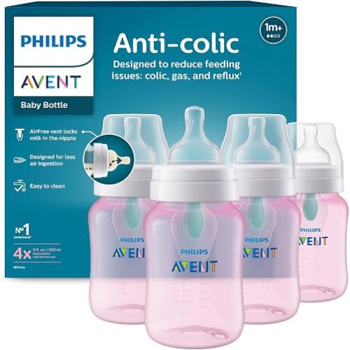 Philips Avent Anti-Colic Baby Bottle with AirFree Vent, Medium Flow 2 Nipple, 1m+, 9oz, 4 Pack, Pink, SCY703/14