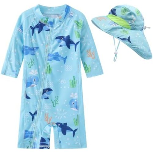 Toddler Baby Boys Swimsuit Rashguard One Piece Zipper Bathing Suit with Sun Hat Infant Swimwear Sunsuit UPF 50+