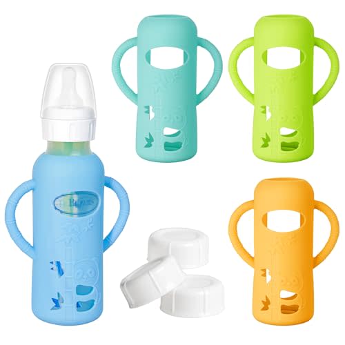 3 Pack Silicone Sleeve with Handle + Narrow Storage Caps, Anti Breakage Baby Bottle Holder, Compatible Dr. Brown's Narrow Baby Bottle(Orange+Blue+Green), 8 oz/250 mL