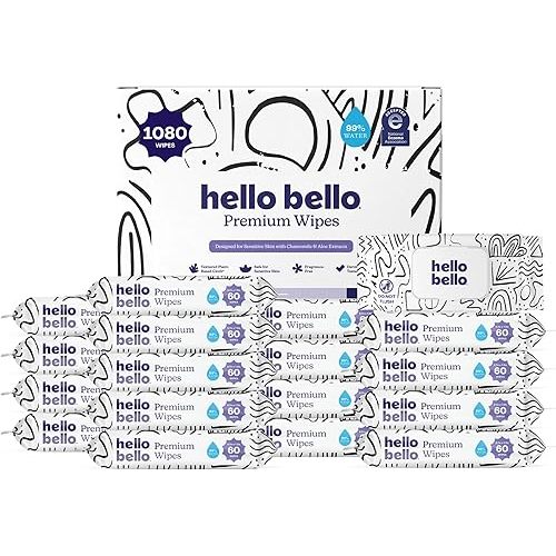 Hello Bello Premium Wipes, Designed for Sensitive Skin with Chamomile & Aloe Extracts, Playful Sketches (18 Resealable Packets = 1080 Total Wipes)