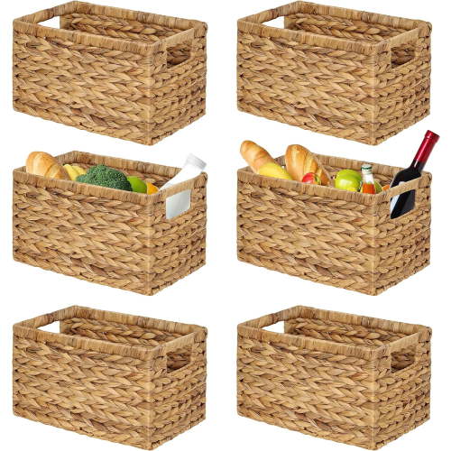 VASGOR Set of 6 Natural Water Hyacinth Woven Storage Baskets 12.6” x 8” x 7”, Rectangular Wicker Basket with Built-in Handles