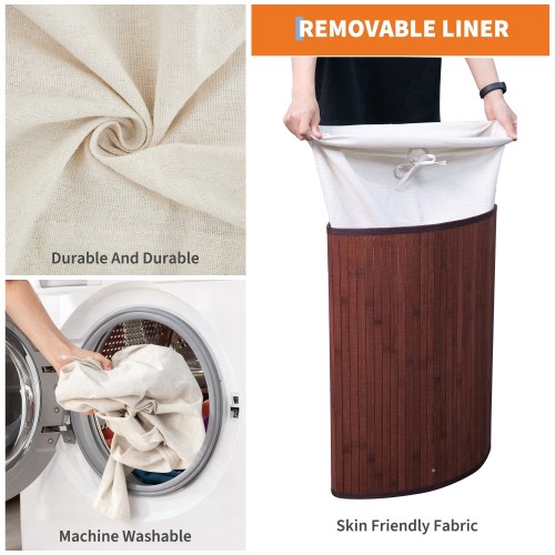 Bamboo Laundry Hamper Large 58L with Removable 3-Section Liner, Foldable Storage Basket with Lid and Handles