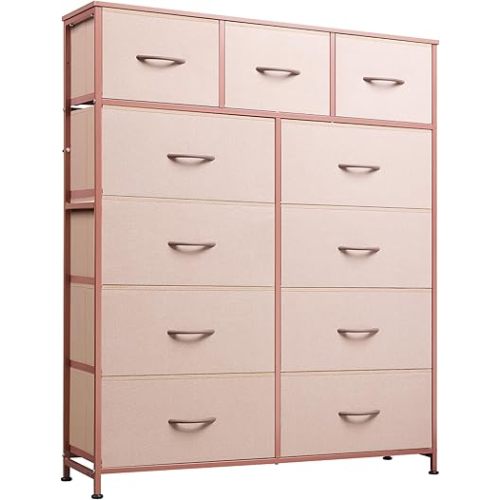 WLIVE Tall Dresser for Bedroom, Fabric Dresser Storage Tower, Chest of Drawers Organizer Unit with 11 Drawers, Storage Cabinet, Hallway, Closets, Steel Frame, Wood Top, Pink