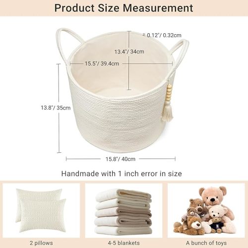 Mkono Woven Storage Basket Decorative Natural Rope Basket Wooden Bead Decoration for Blankets,Toys,Clothes,Shoes,Plant Organizer Bin with Handles Living Room Home Decor, White, 16" W × 13.8" L