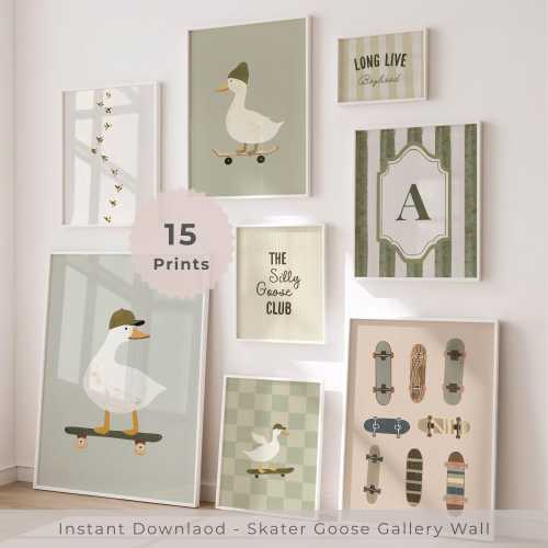 Silly Goose Nursery Wall Art Set of 15, Boy Room Decor Sage Green, Skateboard Art Print, Vintage Duck Poster, Toddler Bedroom Gallery Wall