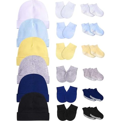 Baby Hats Mittens and Socks Set Unisex Cotton Beanie Cap and Scratch Mitten Non-Slip Baby Ankle Socks for Boys and Girls