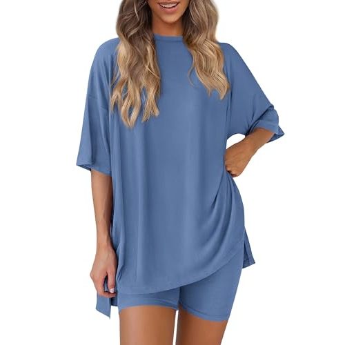 PRETTYGARDEN Women 2 Piece Lounge Set 2026 Summer Casual Oversized Shirts Biker Shorts Matching Airport Travel Outfit Clothes