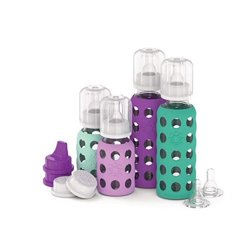 Lifefactory Baby Bottle Starter Set 10-Piece | 4 oz Mint & Blanket, 9 oz Kale & Blueberry | Includes Flat Caps, Sippy Caps, Stage 2 Nipples