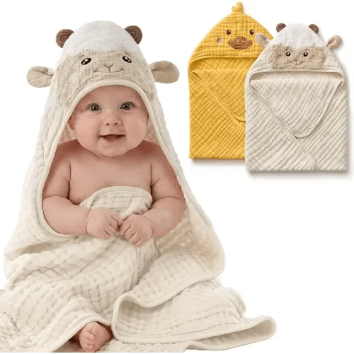 Blissful Diary Muslin Baby Hooded Towel 2 Pack, Soft & Absorbent Bath Towel for Infant, Toddler, Unisex, Baby Gift, Newborn Essentials, Sunny Duck & Gentle Lamb