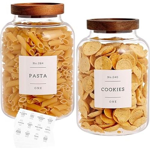 Set Of 2 Large Glass Jar with Wooden Lid with 132 Labels, Glass Storage Jars for Flour Pasta Candy Coffee Cookie and More(70 FL OZ/2000 ml)
