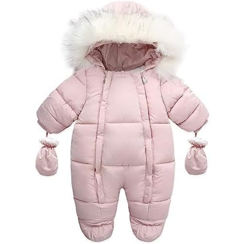 Baby Winter Snowsuit Warm Hooded Puffy Coat Jacket Footed Romper Infant Jumpsuit with Gloves for Boy Girl 6-24M