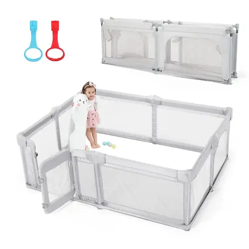 Cholena 71"x71" Foldable Baby Playpen – Indoor/Outdoor Safety Play Yard with Zipper Lock Gate & Portable Design for Home, Camping, Travel (Light Grey)
