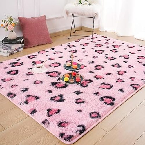 Amearea Fluffy Pink Leopard Rug, Premium Cheetah Print Rugs for Bedroom 4x6