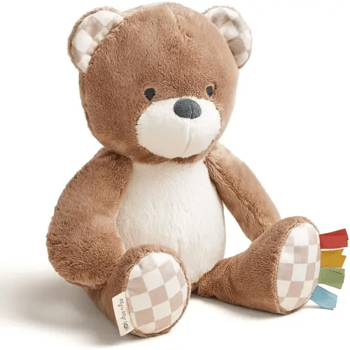 Itzy Ritzy Snuggles Plush Toy – Soft Stuffed Animal for Babies, Kids & Adults – Sensory Ribbons & Textured Fabrics for Tactile Play – Cozy & Cuddly Companion for Newborns & Up (Bear)