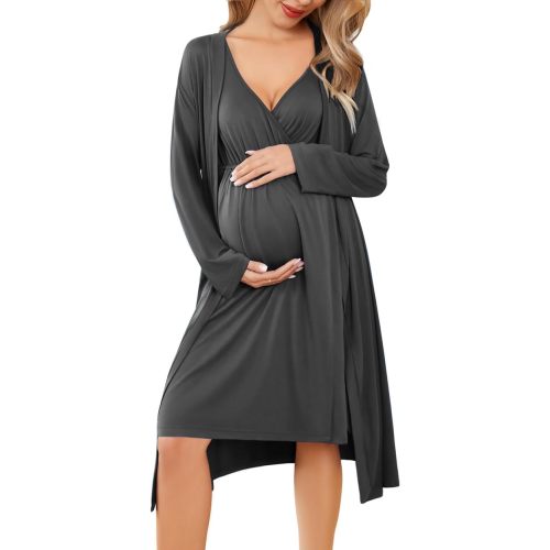 Ekouaer Maternity Nursing Gown and Robe Set Labor Delivery Nightgowns | Birthing Hospital Gowns, Skin-friendly, Postpartum Clothes, Split Front Flap, Elastic Waistline, Perfect for Pregnant Mommas
