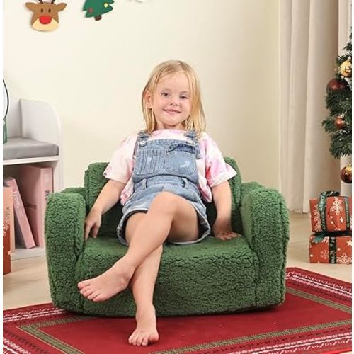 Kids Chairs for Toddler, 2-in-1 Toddler Soft Sherpa Couch Fold Out, Convertible Sofa to Lounger for Girls and Boys, Christmas Decor, Green